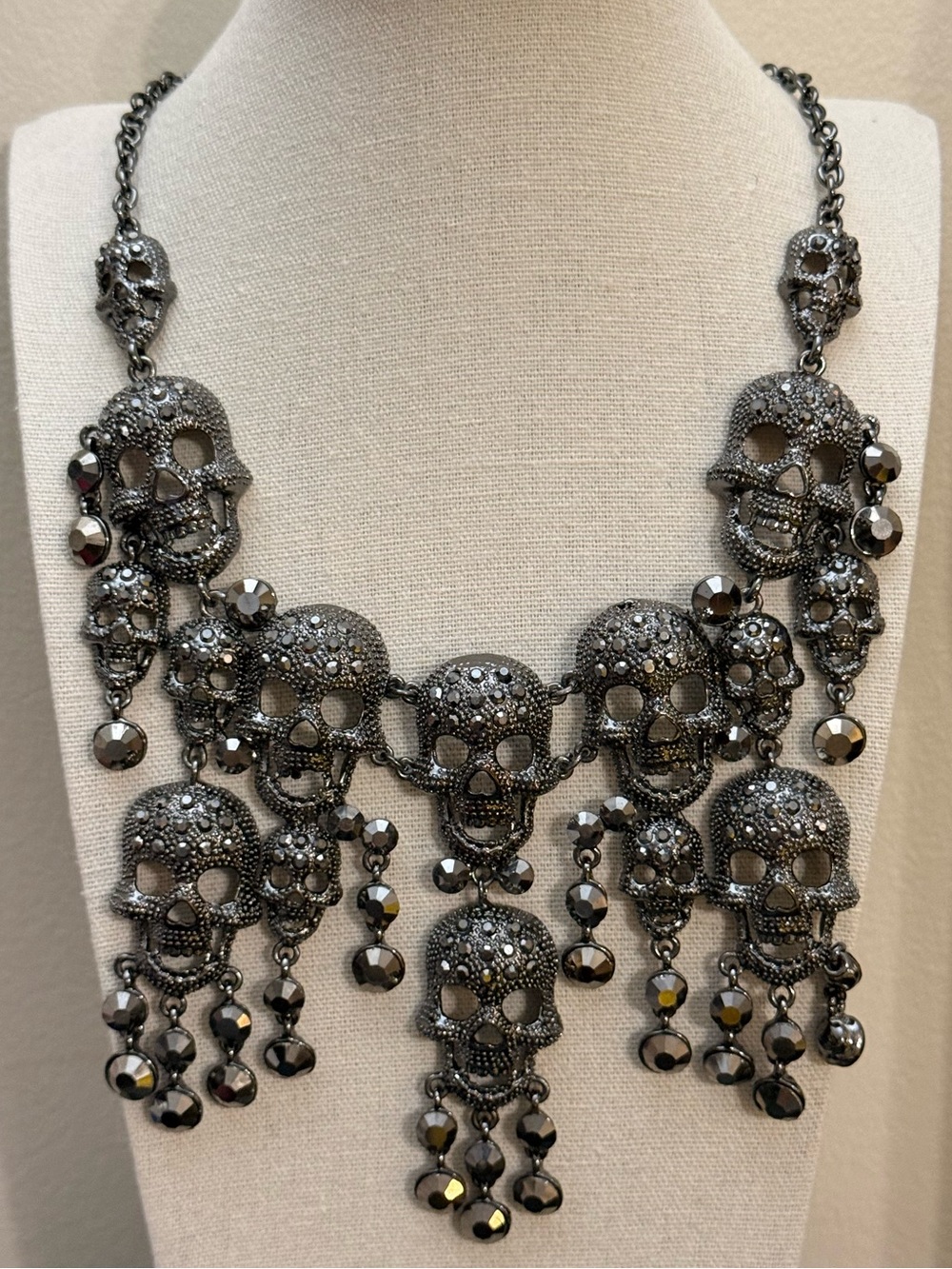 Natasha Couture Gunmetal Rhinestone Gothic Skull Dangle Statement Necklace
